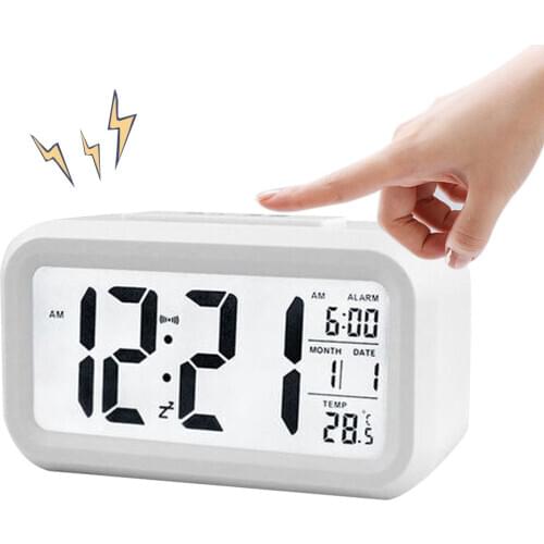 Digital Alarm Clock Night Light Display with Calendar LED Desktop Digital Clocks Snooze Backlight 8 Alarm Ringtones Temperature