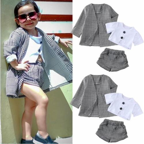 PUDCOCO Baby Girls Kids Short Sleeve Tops Plaid Shorts Pants Coat Formal Outfit Clothes 3PCS 1-6T