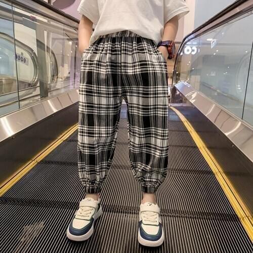 Children Sport Pants Teenage Boys Mid Waist Loose Pants Clothing Kids Cotton Plaid Trousers Baby Big Boys Bottoms Clothes 3-10Y