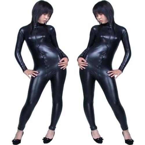 Halloween Cosplay womens sexy Shiny Metallic jumpsuits Leotard Catsuit front double Zipper to Hip
