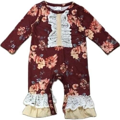 Girlymax Jumpsuit Floral Flower Wine Ruffles Long Sleeve Milk Silk Baby Girls Kids Clothing Infant Romper Toddler