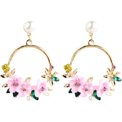 Korean Trendy Cute Sweet Blossom Flower Big Circle Dangle Earrings Trim Pearl Geometric Round Earrings For Women Party Gift