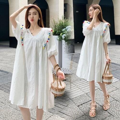 Summer Large Size Loose Thin Cotton Maternity Dress Korean Fashion V Neck Sweet Clothes for Pregnant Women Pregnancy