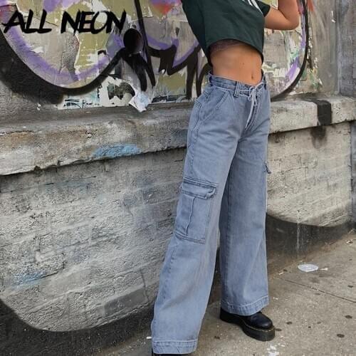 ALLNeon Y2K Fashion Solid Wide Leg with Big Pockets High Waist Jeans Hip Hop Style 90s Streetwear Denim Cargo Pants Autumn Chic
