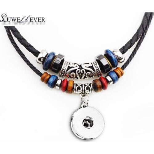Fashion 073 Bohemian National Ginger Interchangeable 18mm Snap Button Charm Braided Rope Leather Necklace For Women Men Gift