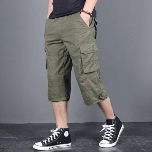 Mens Loose Plus Size Multi-pocket Cargo Pants Summer Cotton Sports Cropped Pants