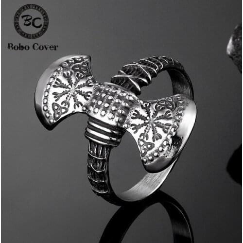 Men Vikings Nordic Thors Hammer Ring Vintage Axe Stainless Steel Rings Mjolnir Vegvisir Compass Amulet Male Unique Punk Jewelry
