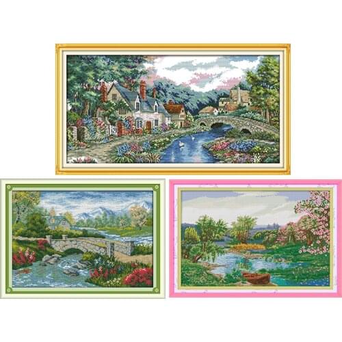 Riverside scenery series Cross Stitch kits DMC counted fabric 14CT printed pattern canvas DIY Chinese Embroidery sets decoration