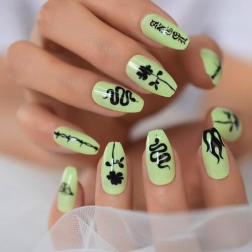 Summer Green Ballerina Coffin False Nails Snake Butterfly Flame Flower Pattern Press on Daily Finger Wear Ballet Fake Nail Tips