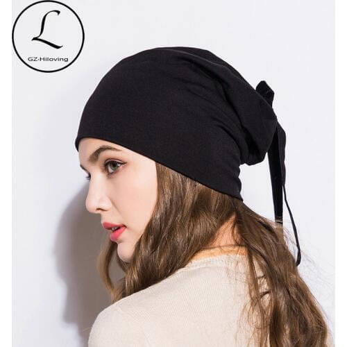 GZHILOVINGL 2018 New Fashion Soft Cotton Ladies Beanies With Flannel Bow Hip-hop Solid Color Women Hat Cap Casual High Quality