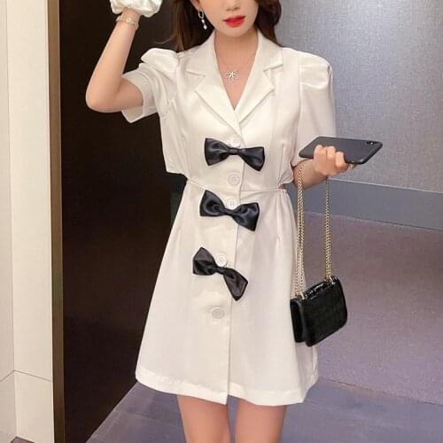 Elegant Notched Shorts Sleeve Young girl New 2021 Summer Dress New bow-tie Sexy Back waistless Suit White Black Dress 822H