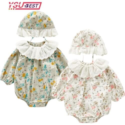 Autumn Newborn Baby Clothes Lace Floral Twins Baby Bodysuit Toddler Girls Hat Pure Cotton Infant Girl Birthday Party Clothes