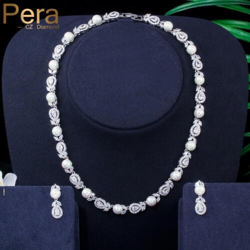 Pera Bridesmaid White Cubic Zircon Round Leaf Dangle Drop Pearl Neckalce Custume Jewelry Sets for Women Wedding Accessories J287