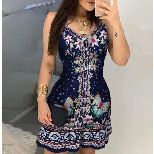 2021 new butterfly print button ruffled A-line sling dress