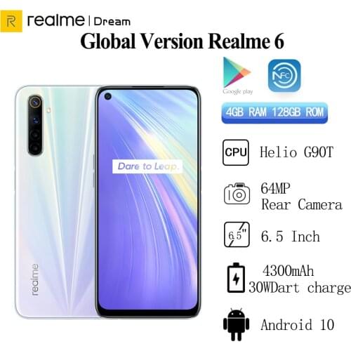 Realme 6 Global Version 4GB/8GB 128GB Mobile Phone Helio G90T 30W Flash Charge 4300mAh 64MP Quad Camera EU Plug NFC Play Store