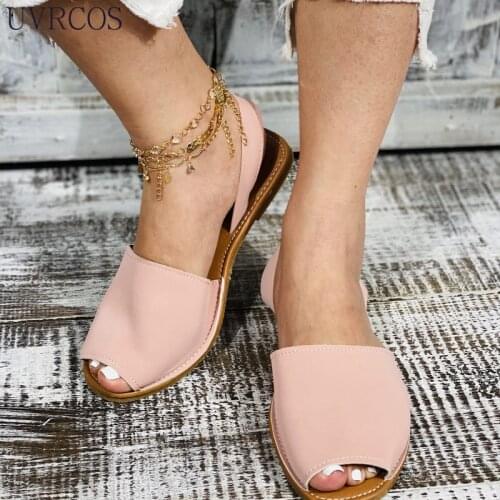 Summer Womens Sandals PU Leather Hollow Out Retro Sandals Slip On Casual Peep Toe Sewing Ladies Flat Shoes Woman Beach Footwear