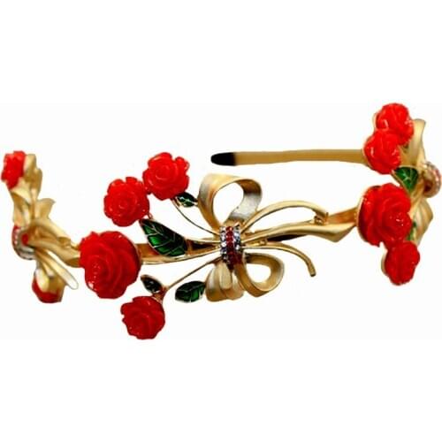 Baroque Style Hair Jewelry Gold Crystal Rhinestone Red Rose Hairband Women Wedding Crown Hair Accessories Headbands