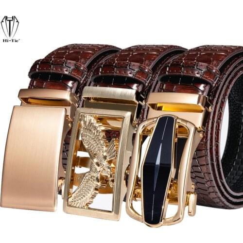 High Quality Red Burgundy Genuine Leather Mens Belts Gold Automatic Buckles Waistband Ratchet for Dress Jeans Casual Wedding