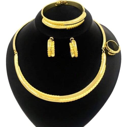 Yulaili Top Quality Dubai Gold Jewelry Sets for Women Choker Necklace Stud Earrings Charm Bracelet Ring Jewelery Set