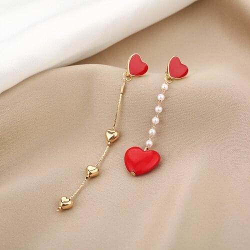 S925 Needle Korean Style Long Tassel Small Red Heart Asymmetrical Chain Imitation Pearl Dangle Earring for Women Wedding Jewelry