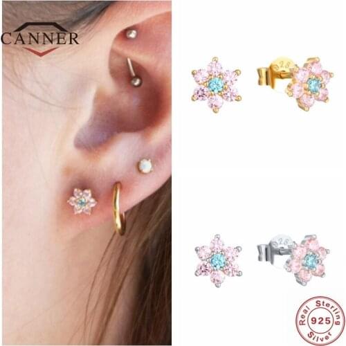 CANNER Real 925 Sterling Silver Stud Earrings For Women Fashion Purple Lotus Zircon Piercing Earring Earings Jewelry Pendientes