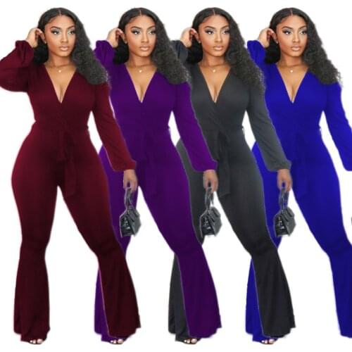 Echoine Sexy Bodycon Rompers Womens Jumpsuit Deep V Neck High Waist Bell Bottom Overall Fashion Full Sleeve Fitness Bodysuit
