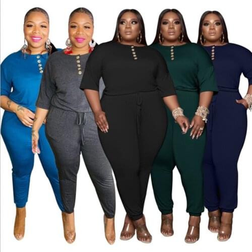 Solid Color Plus Size One Piece Womens Personalized Buttons Sexy Round Neck Five-point Sleeve Casual Long Jumpsuit Dropshipping