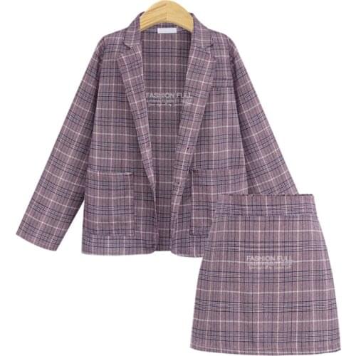 Ladies Suits Autumn and Spring Elegant Office Plaid Long-sleeved Single-breasted Pocket Suit Jacket + Skirt Suit 2021 New
