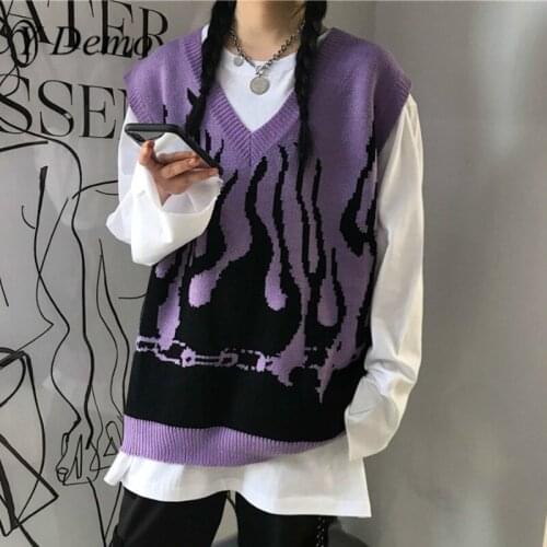 Y Demo Harajuku Casual Long Sleeveless Knitted Sweater Women V Neck Flame Knitting Loose Vest Winter 2020 Tide