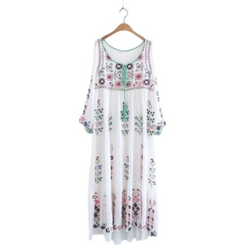 Bohemian Holiday Dress Indie Folk Embroidery Flower O-neck Loose Belt lace up Beach Style Women Long Dress