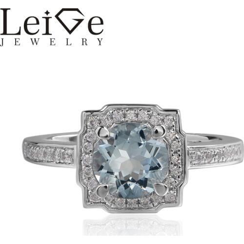 Leige Jewelry Real Aquamarine Ring Blue Color Round Cut Halo Rings For Woman March Birthstone 925 Sterling Silver