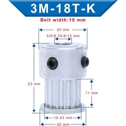 1 piece Timing Pulley 3M-18T Bore 5/6/6.35/8/10 mm Aluminum Material Belt Pulley Slot Width 11 mm For Width 10 mm 3M-Timing Belt