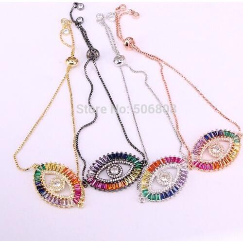 6PCS, Colorful Zirconia Eye Charm Bracelet for Women Rainbow Cubic Zircon CZ Bracelets Adjustable Jewelry