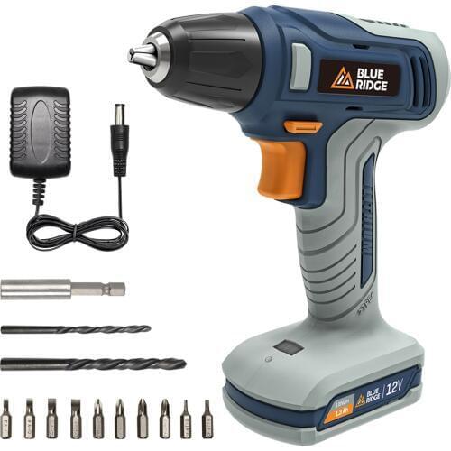BLUERIDGE 12V Cordless Drill Driver Screwdriver Lithium-Ion battery compact drill BR2101 1300mAh 10mm keyless Chuck 13pcs bits