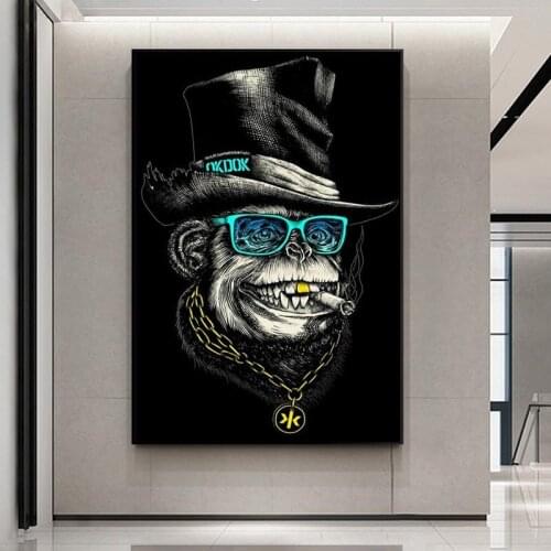 Black Hat And Golden Necklace Funny Smoking Monkey Poster And Print Canvas Painting On Wall Art Animal Picture Modern Home Decor
