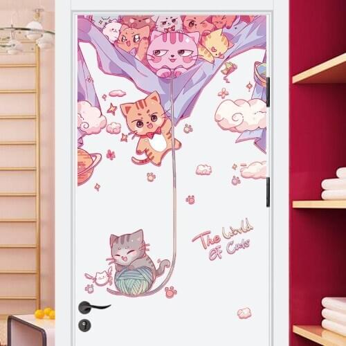 Door Decor Stickers Cute Cats Line Ball Nurnery Kid Room Decoration Wallpaper Pink Girl Birthday Gift PVC DIY Wall Sticker Mural