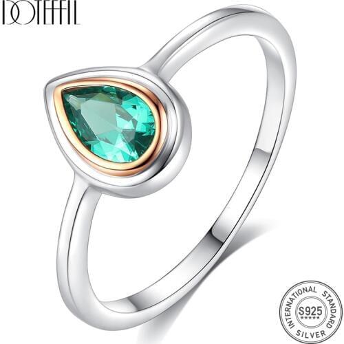 DOTEFFIL New Pure 925 Sterling Silver Water Drop Rings for Women Engagement Round Green Fashion Jewelry Vintage Anillos Mujer