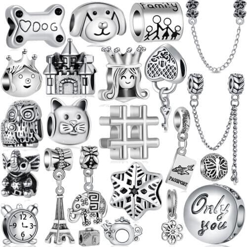 Vintage Tibet Silver Color Owl Cat Snowflake Elephant Dog DIY Beads fit Original Charms Bracelets & Bangles for Women Retro Gift