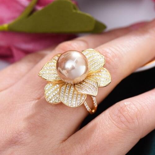 GODKI Luxury Big Imitation Pearl Flower Bold Statement Rings with Zircon Stones 2020 Women Engagement Party Jewelry High Quality