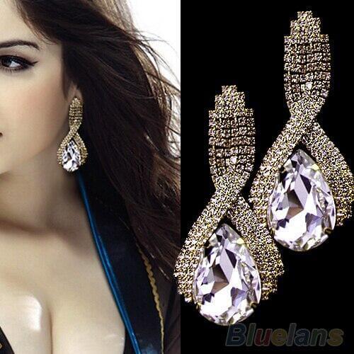 Hot Charming Womens Sparkling Rhinestone Luxury Waterdrop Crystal Golden Drop Earrings 7F8M BD26