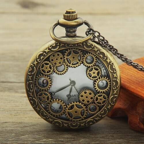 Retro Pocket Watch Hollow Gear Antique Pendant Arabic Numbers Quartz Analog Gift