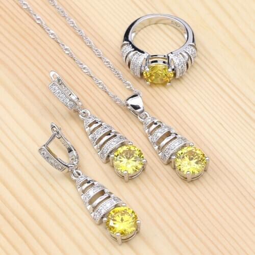 925 Sterling Silver Bridal Jewelry Sets for Women Yellow Stones White Cubic Zirconia Pendant Necklace Ring Earrings Set