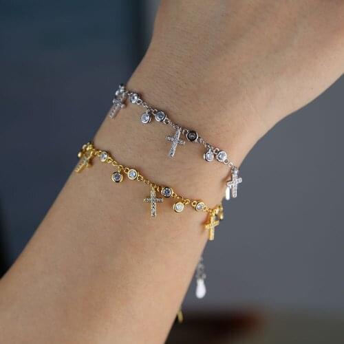 Fashion Trendy Bracelet Jewelry Chic Cross Round Dangle Bangle Women Thin Chain Fixed CZ Zircon Charm Bracelet Summers Wedding