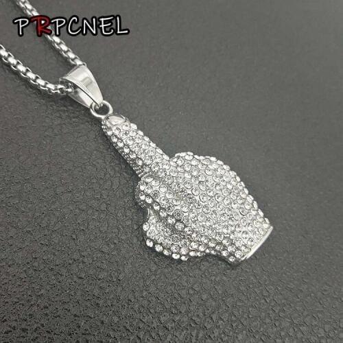 Silver color Iced Out Hand Finger Pendant Bling Bling Full Crystal Rhinestone Mens Hip Hop Pendant Necklace Fashion Punk Jewelry