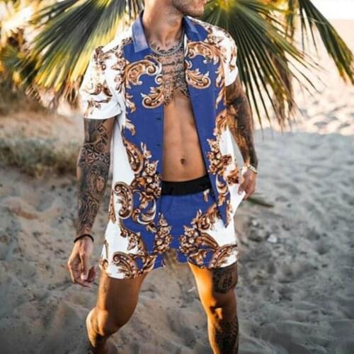Summer Mens New Loose Casual Thin-Sleeved Top Shirt And Shorts Two Piece Hawaiian Print Style Fashion Trend Beach Shirt Suit
