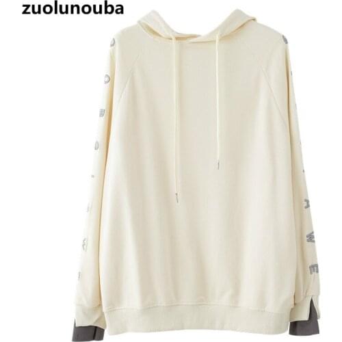 Zuolunouba 2020 Autumn New Mid-length Casual Loose Ladies Hoodie Letter Print Stitching Commuter Sweet Drawstring Women Pullover