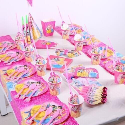 168Pcs/Lot Disney Six Princess Theme Disposable Cup Plate Birthday Party Decoration Tableware Supplies For Kid