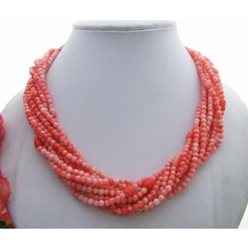 9 rows Pink Coral Necklace 19" Multi strands Coral Torsade necklace for women