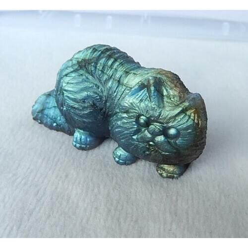 Semiprecious stones Top Quality Shining Labradorite Hand Carved Vivid Cat Gemstone Decoration 59x29x29mm 61.3g
