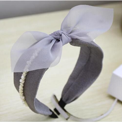 Gray Bow Hairband Headband for Women Handmade Solid Mesh Lace Bow Hair Hoop Wide Lovely Bowknot Hairband Pearls Hair Ornament
